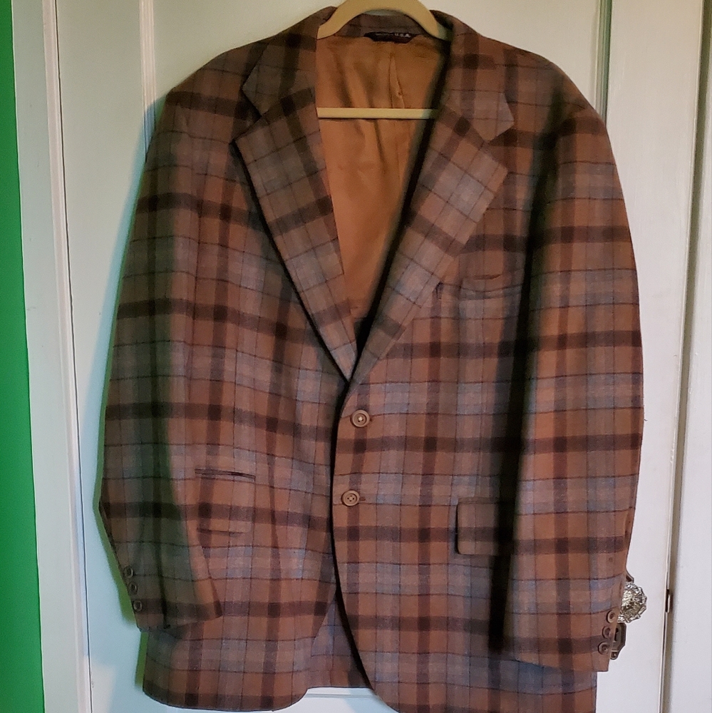 Mens Large Brown & Blue Plaid Tweed Suite Jacket
